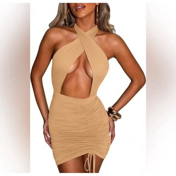 D&M Tan Halter Ruched Mini Cocktail Dress XS Evening Stretch Open Front - Picture 2 of 6